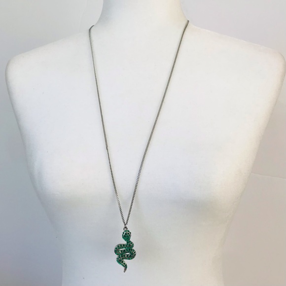 Snake Serpent Green Rhinestone Pendant Necklace 30” - Picture 4 of 6
